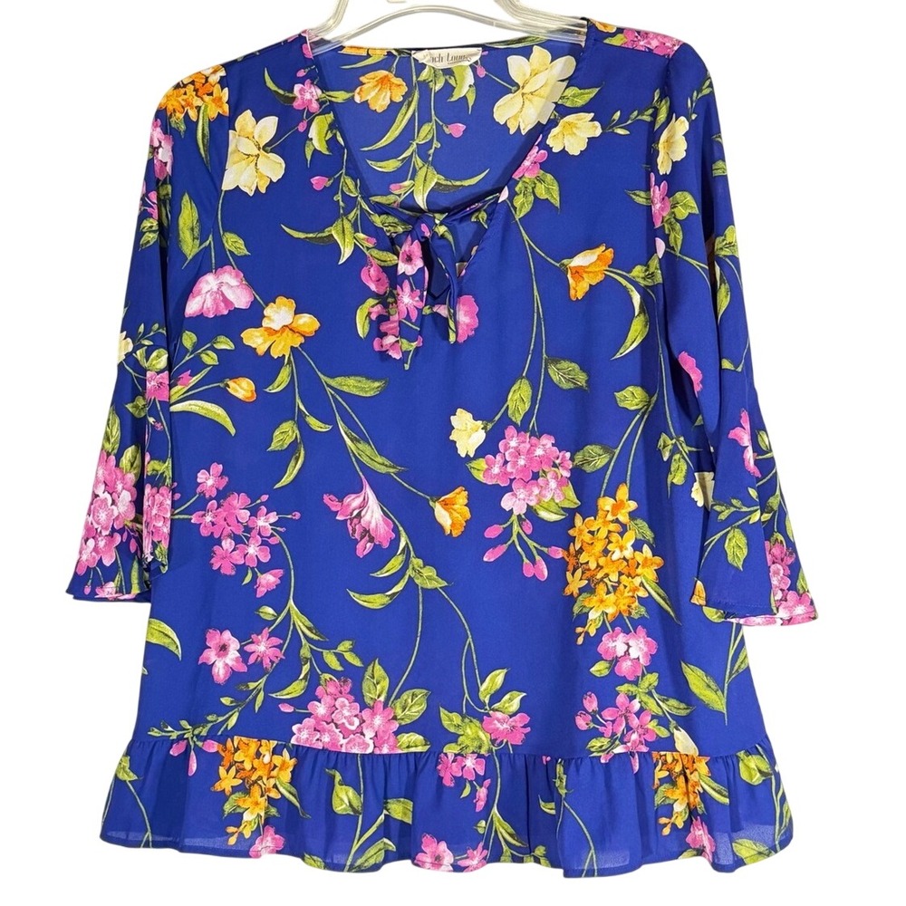 Peach Love California Blue Floral Tie Neck Ruffle Tunic Top Large T72206-01